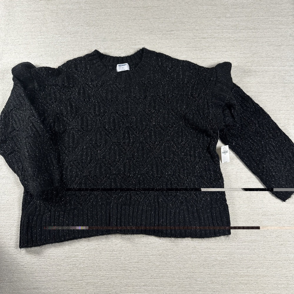 Black Cable Knit Sweater XXL Metallic Sparkle Coquette Holiday Party NWT Ruffle